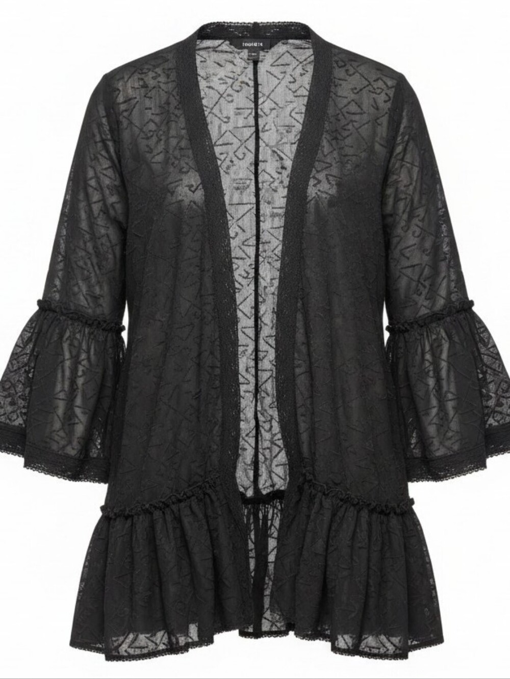 TORRID | Black Textured Lace Ruffle Bell Sleeve Open Front Cardigan Kimono | 2X